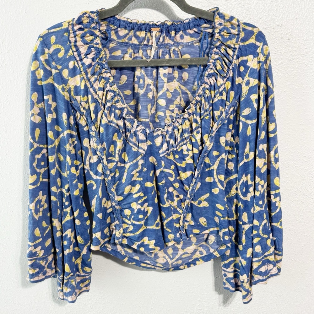 Free People Blue Floral Ruffle-Neck Peasant Blouse